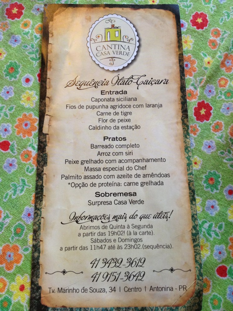 O cardápio do restaurante Cantina Verde